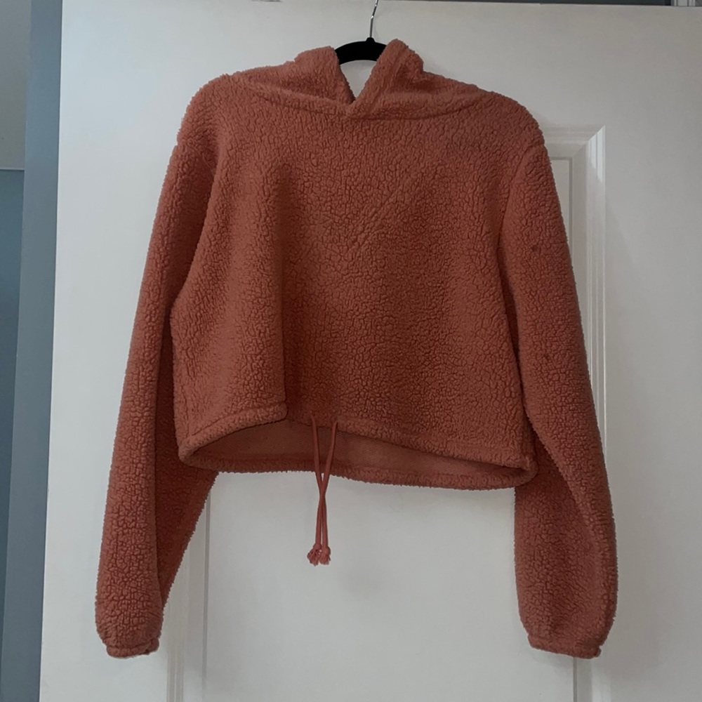 Great condition pink fuzzy size XL cropped hoodie